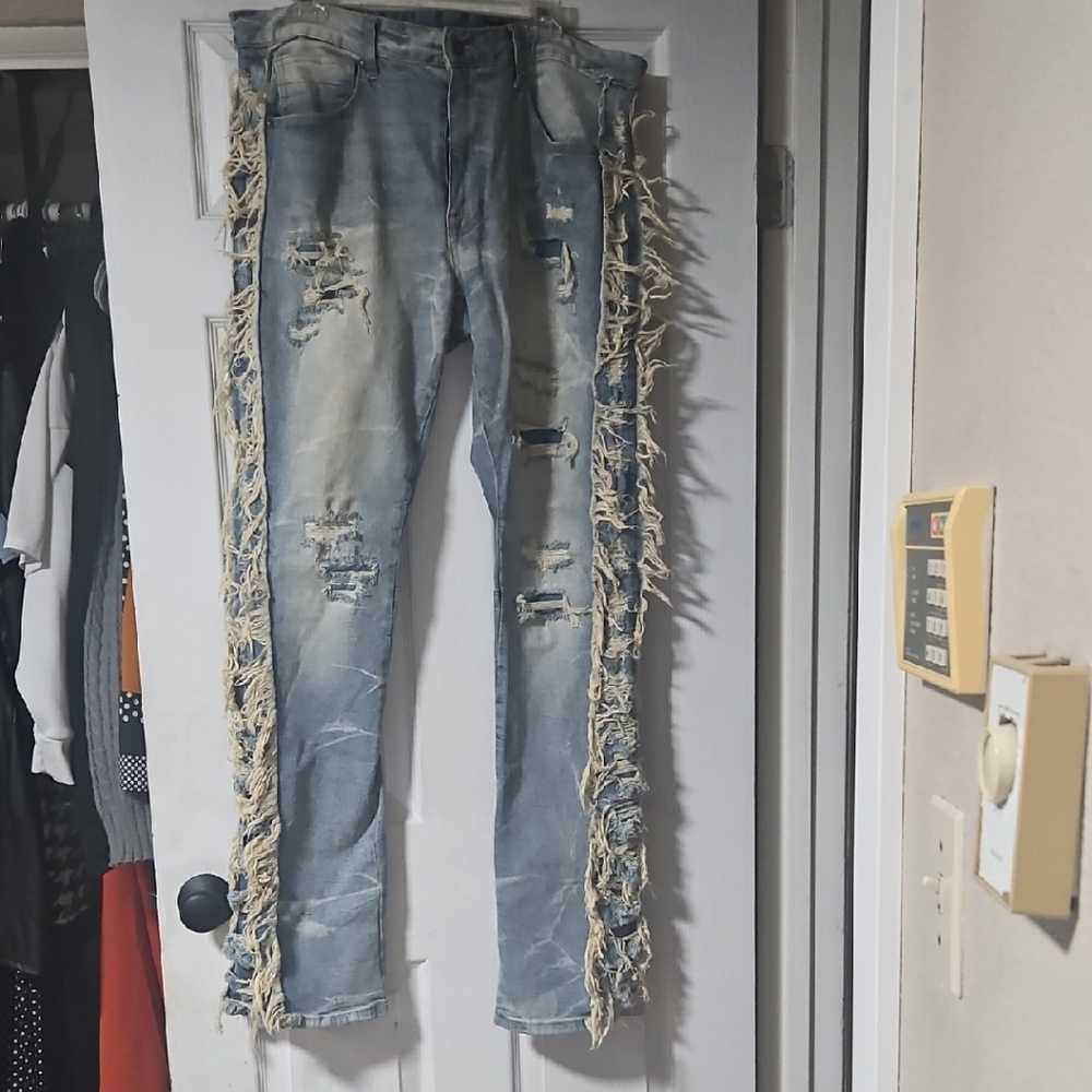 Smoke Rise NY Stylish Men's Relaxed Distressed Jeans with Fringe